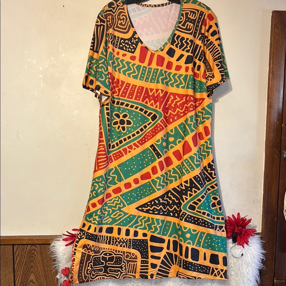 Orange and Green Raglan Sleeve V-Neck Sundress